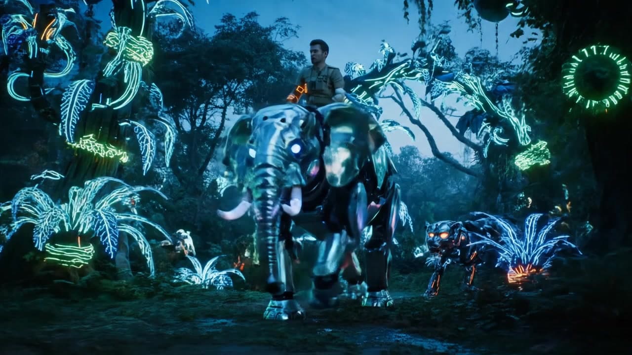 Depict a futuristic safari where explorers ride robotic elephants through a neon-lit jungle filled with cybernetic plants and glowing-eyed predators.