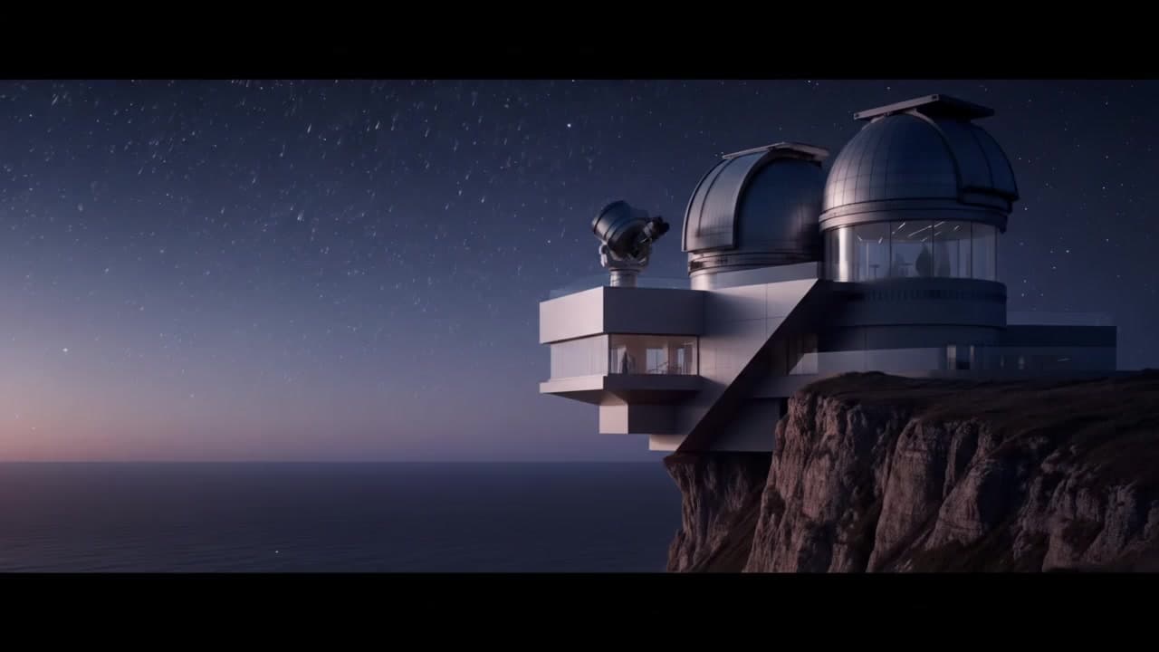 Visualize a dramatic cliffside observatory with giant telescopes, as astronomers study a meteor shower raining down over a distant ocean.