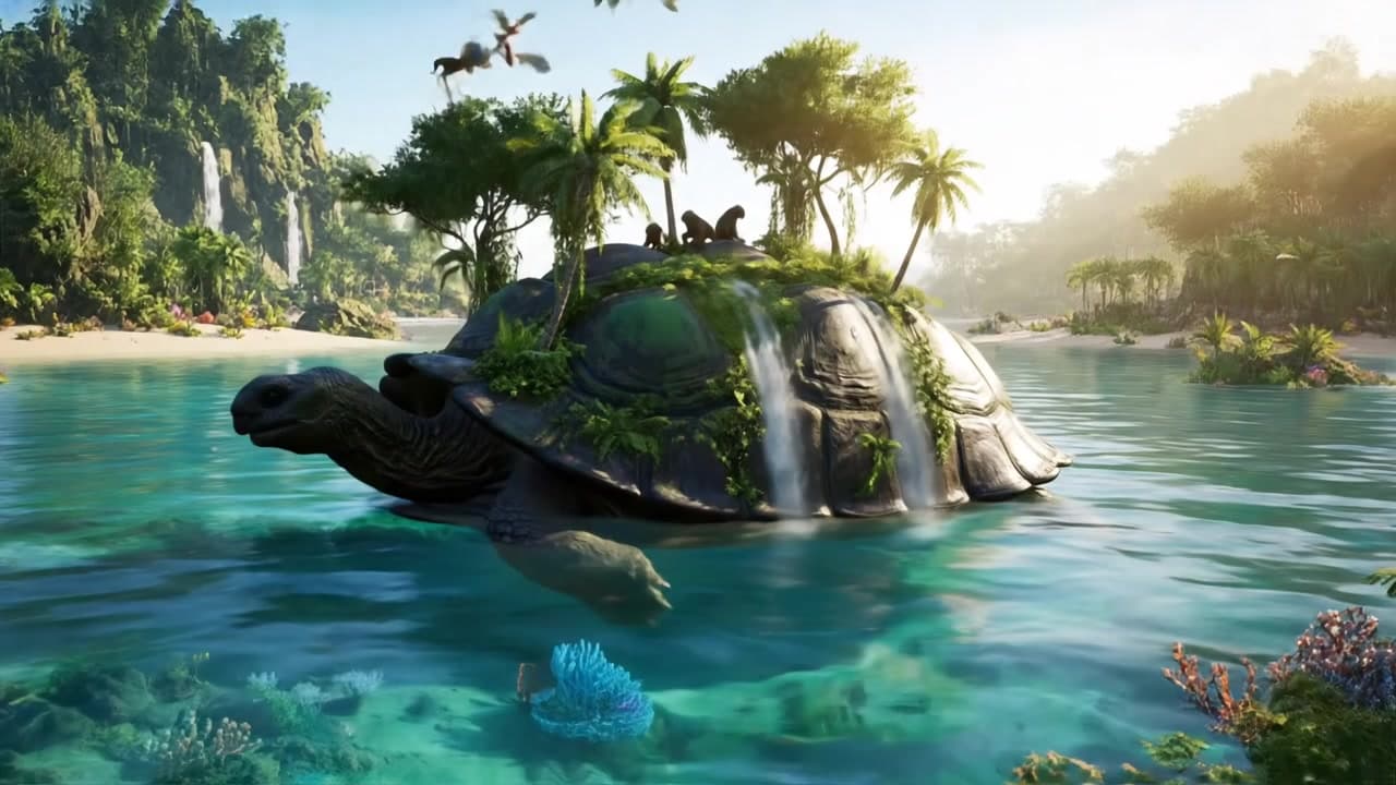 Show a lush, tropical island resting on the back of a gigantic tortoise as it slowly moves through crystal-clear waters, birds and monkeys living on its shell.