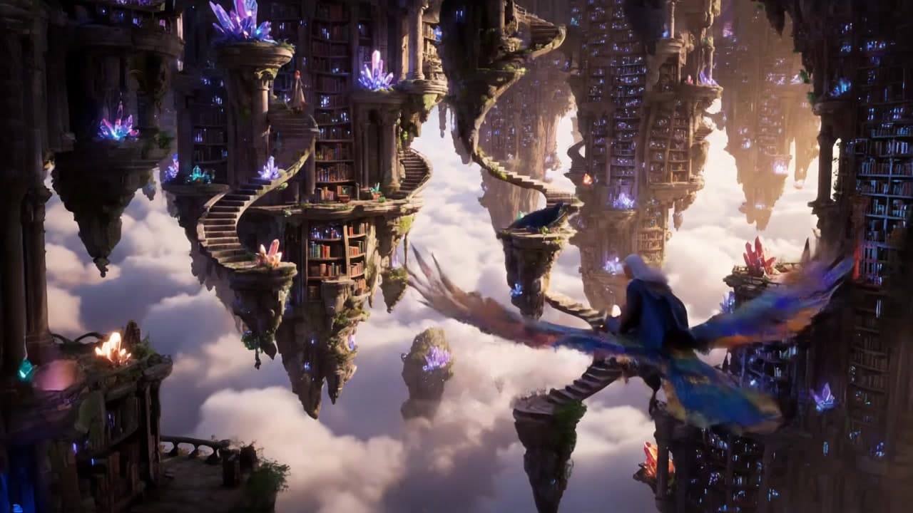 Depict a grand, ancient library built atop clouds, with floating staircases and scholars riding winged creatures between shelves of glowing books.