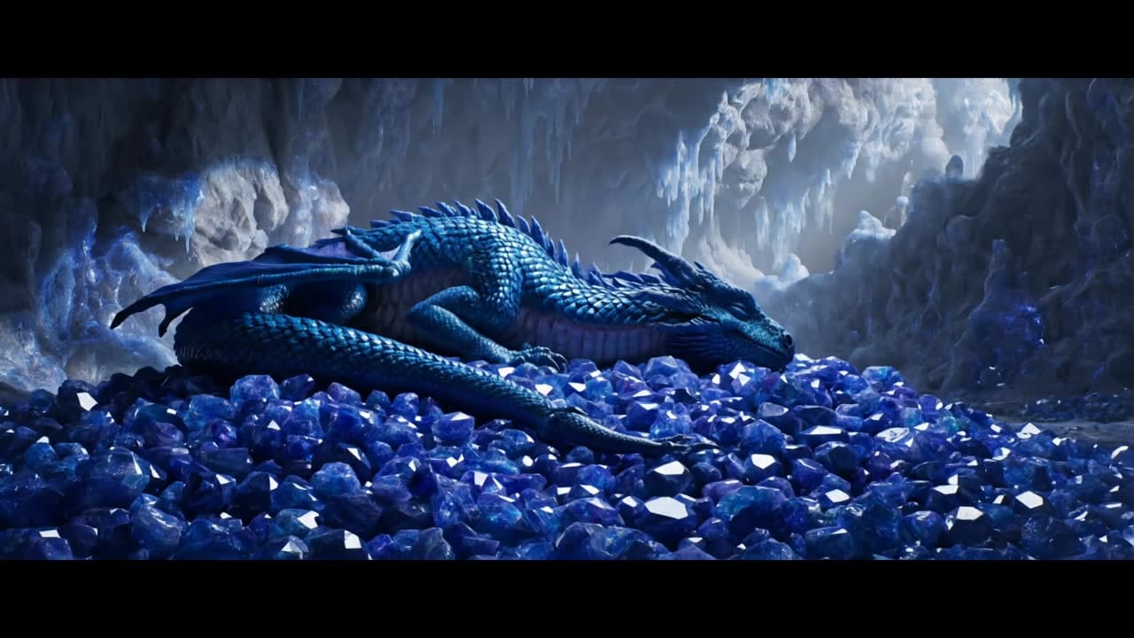 Animate a magnificent blue dragon sleeping atop a pile of sapphires in a cavern, the gems casting shimmering reflections on the cave walls.