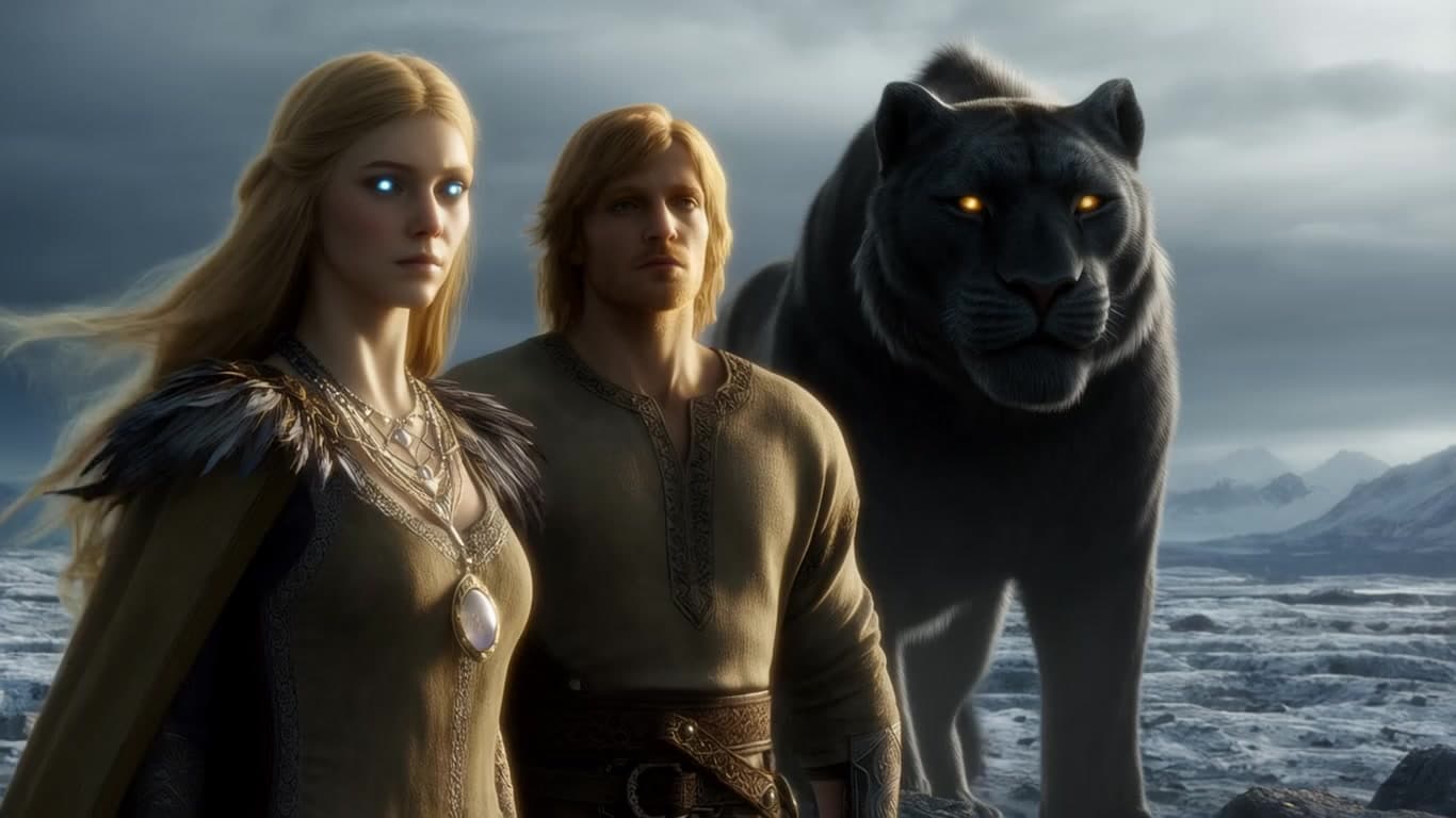 Cinematic video, vertical 9:16, a tall blonde woman and a golden-haired man standing side by side on a cold rocky Nordic plain, surrounded by open air and distant snowy peaks. The woman has long golden hair flowing gently in the wind, glowing blue eyes, and wears a feathered cloak with an ornate glowing necklace. The man beside her has shoulder-length golden hair, sun-warmed skin, and wears a robe of linen and leather with embroidered runes. His expression is calm and steady. In front of them stands a single enormous feline creature, larger than a tiger, with black fur and glowing golden eyes, crouched and alert, as if protecting them. The light falls directly on their faces, showing clear, sharp facial features and photorealistic skin textures. Their hair and clothing move slightly in the breeze, but they remain still. The sky is overcast and moody. Sharp focus, no blur, no fog, no zoom, no music. Photorealistic, Ridley Scott tone, Nordic myth realism
