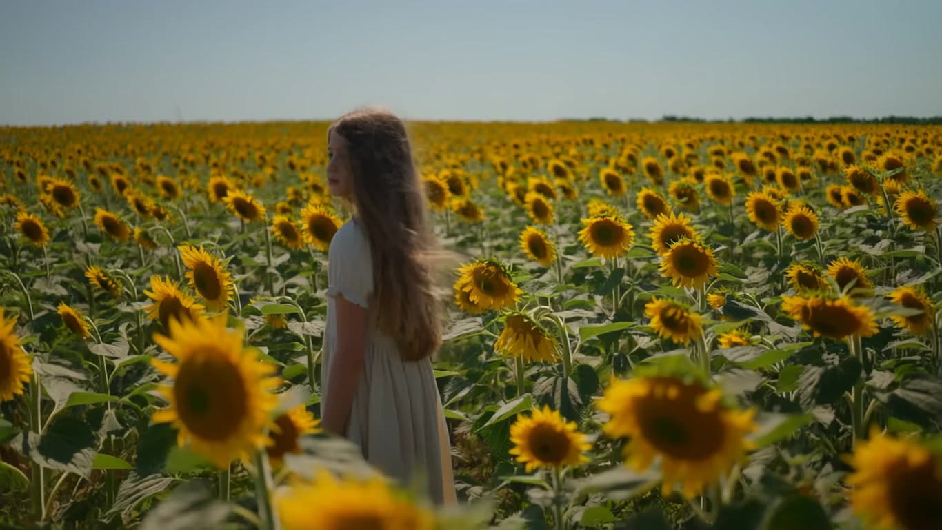 A girl standing in a sunflower field with the wind blowing her hair.