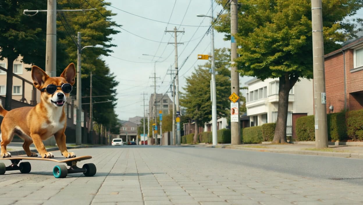 A dog wearing sunglasses rides a skateboard down the street.