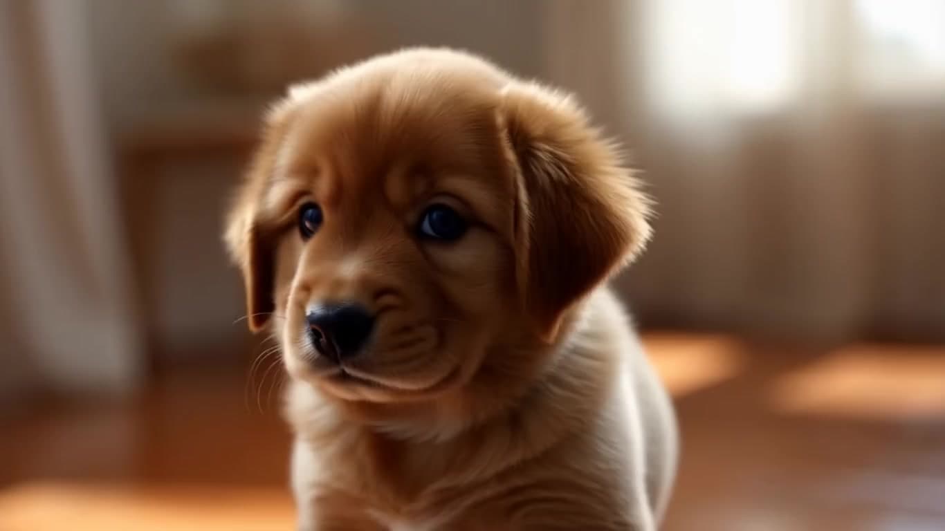 the puppy moves its head close to the camera