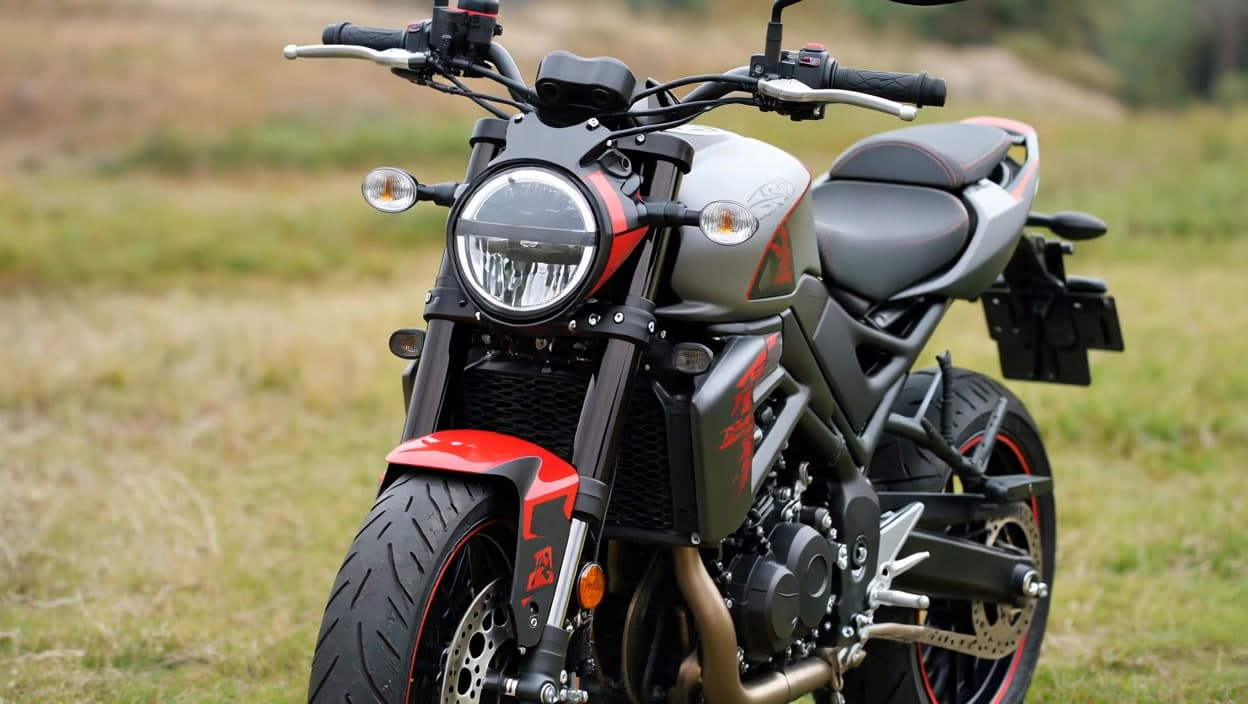 The camera slowly circles around a motorcycle