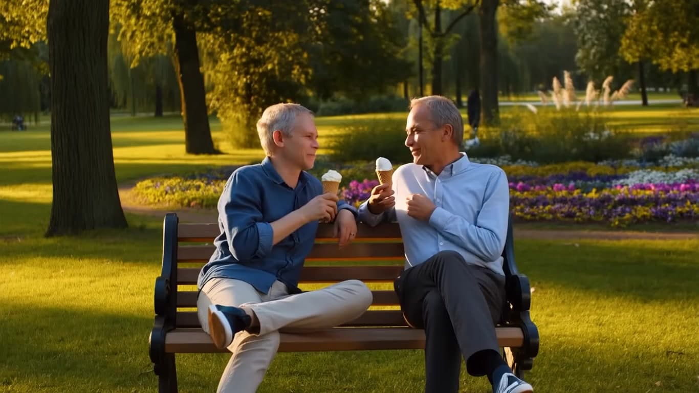 Two Germen laugh while eating ice cream on a bench