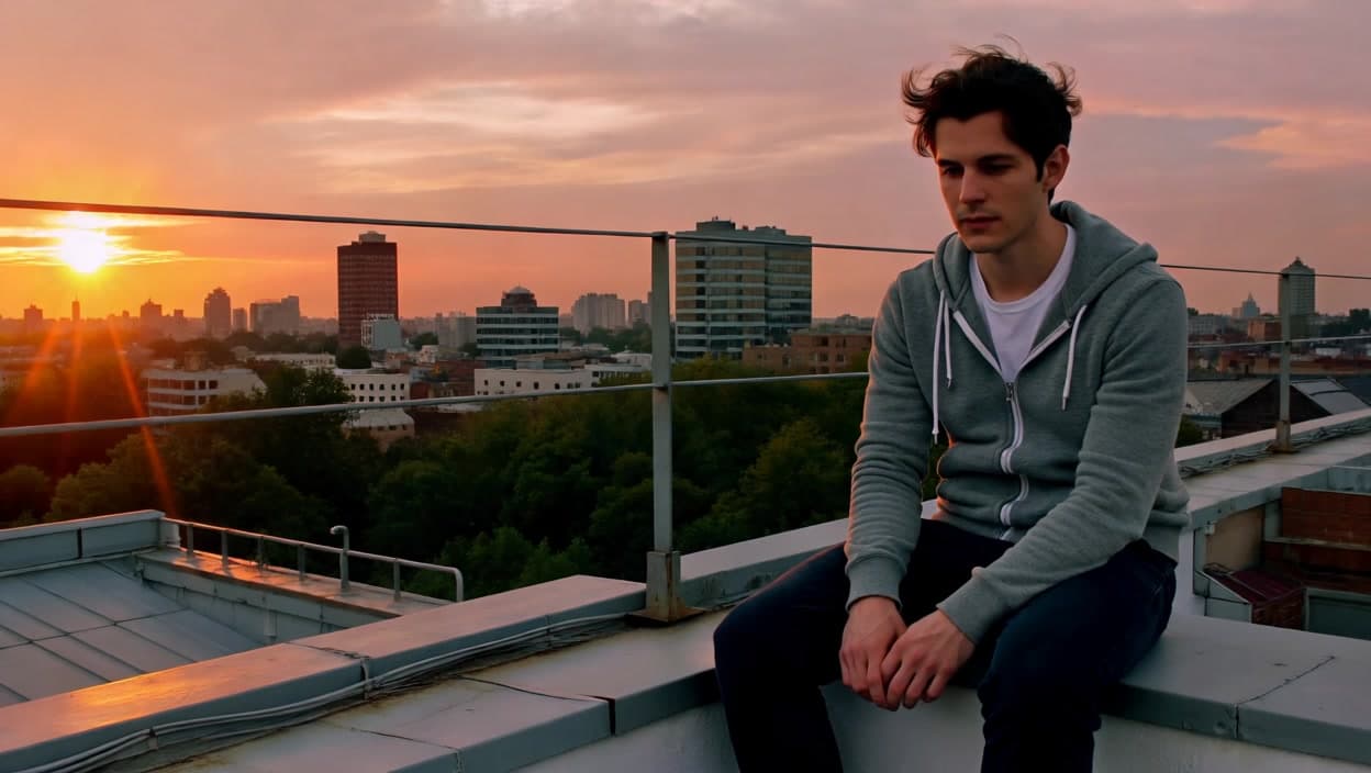 A French man in a hoodie sits on a rooftop at sunset，A soft breeze moves his hair as he quietly hums a French tune
