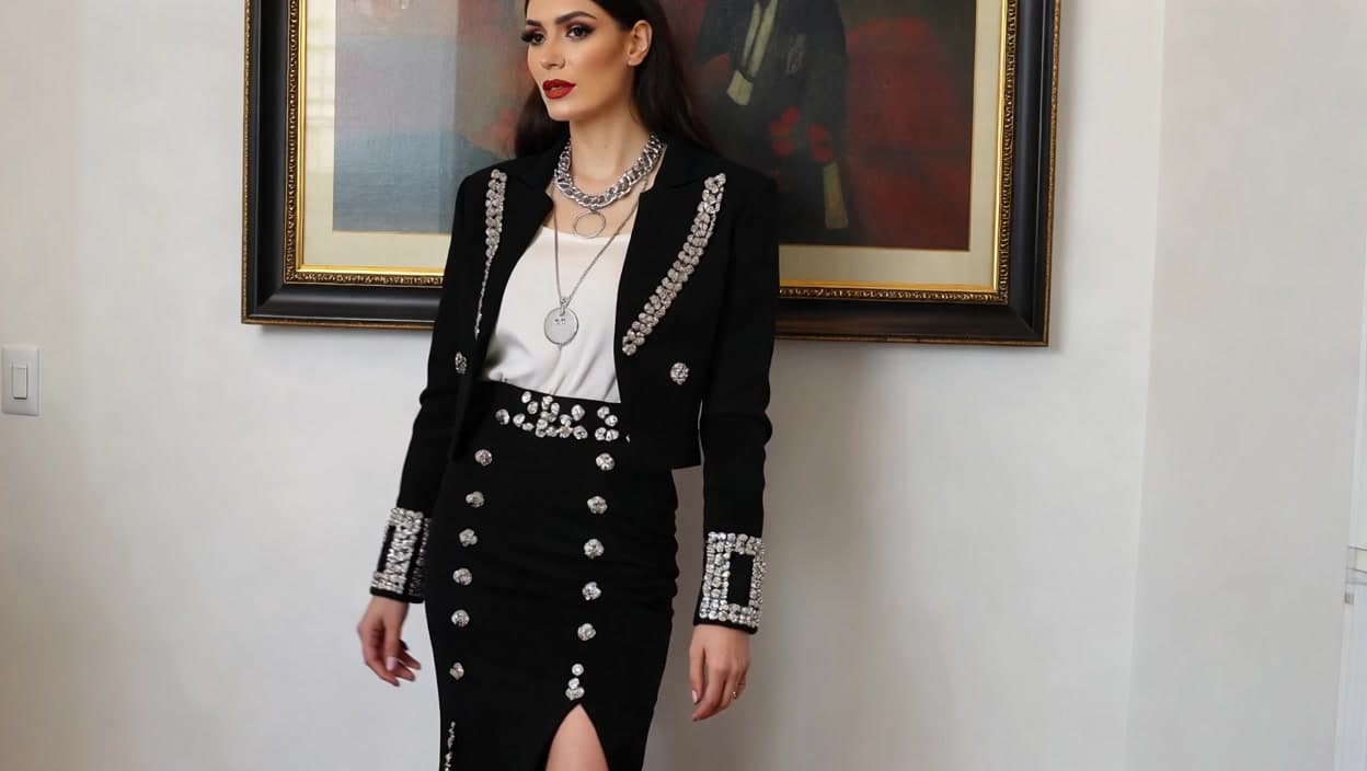 A German model in a chic outfit slowly turns toward the camera and smiles with elegance