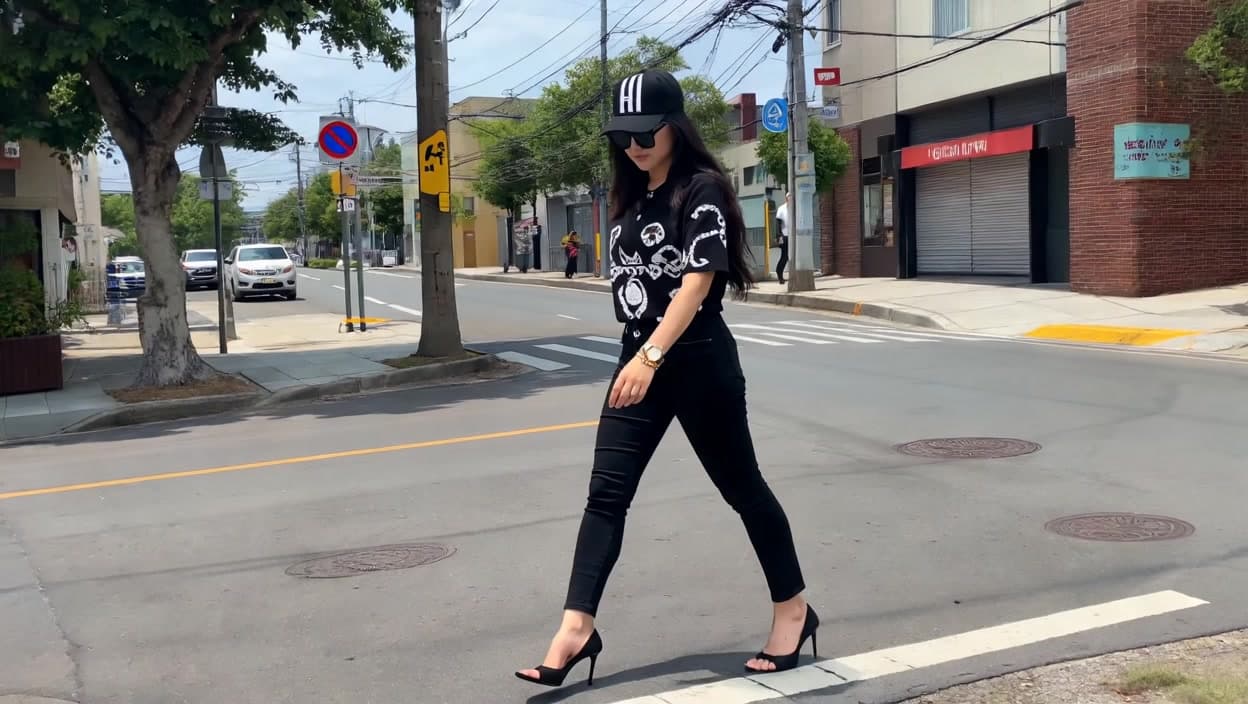 A woman walks down a city street glancing at the camera while adjusting her sunglasses."