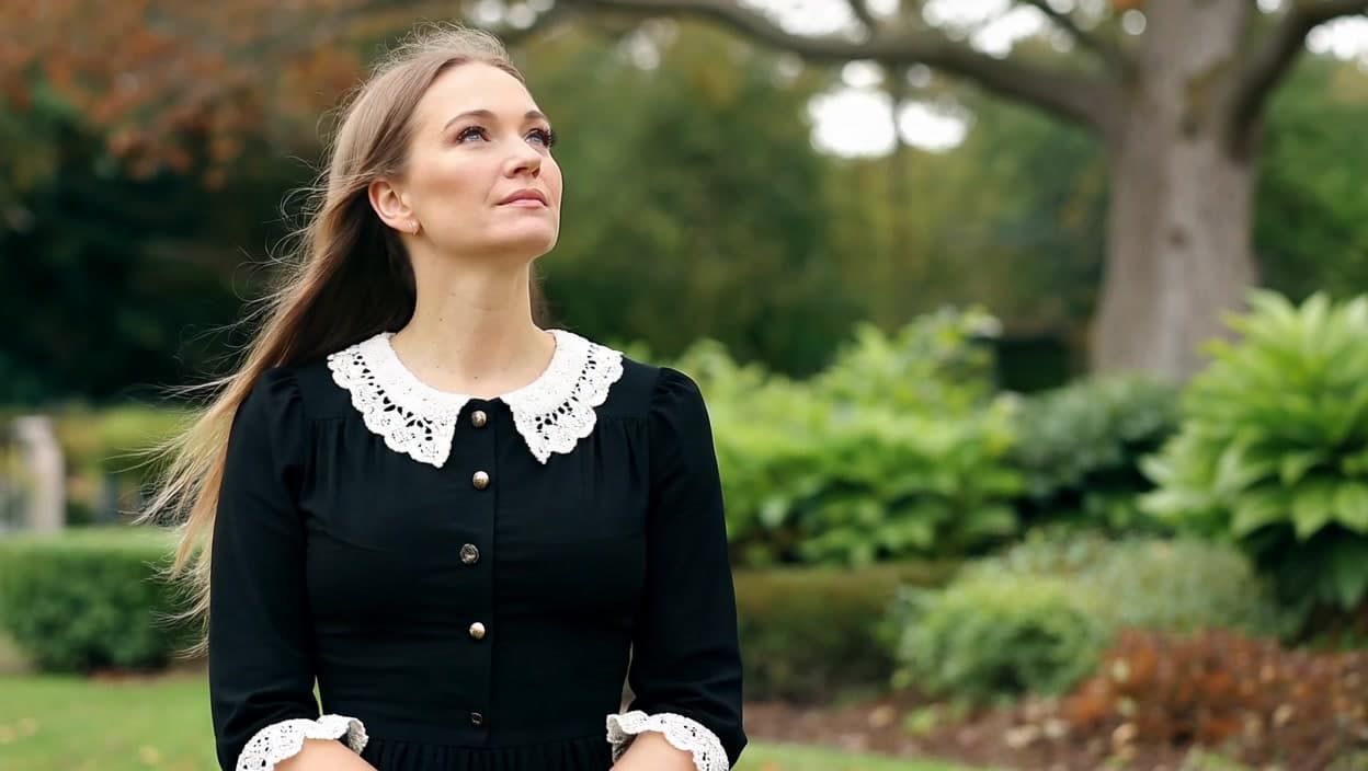 A American woman poses with grace, hair flowing gently in the wind as she looks into the distance.