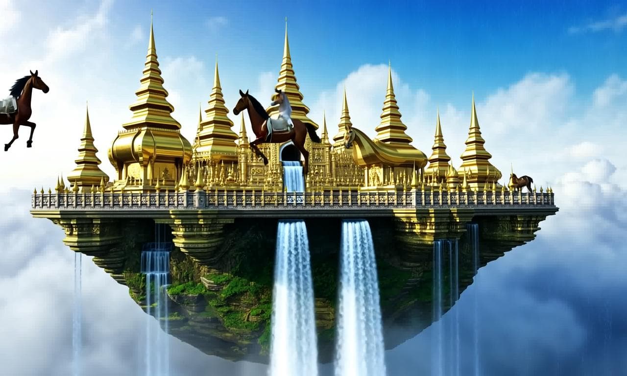 Visualize a floating city of golden temples and hanging gardens above the clouds, with winged horses soaring between marble bridges and waterfalls cascading into the mist below.