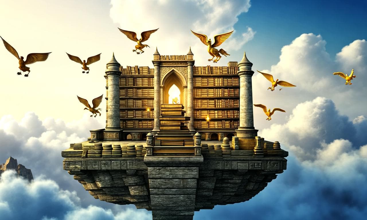 “Imagine a grand, ancient library floating above the clouds on a massive stone platform, with scrolls and books swirling magically around towering pillars, golden sunlight streaming through arched windows, and mythical creatures like griffins and phoenixes perched among the shelves.”