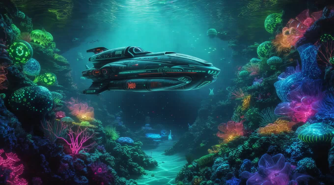 Create an alien ocean reef filled with bizarre, glowing corals and strange sea creatures, as a futuristic submersible explores the vibrant underwater world.