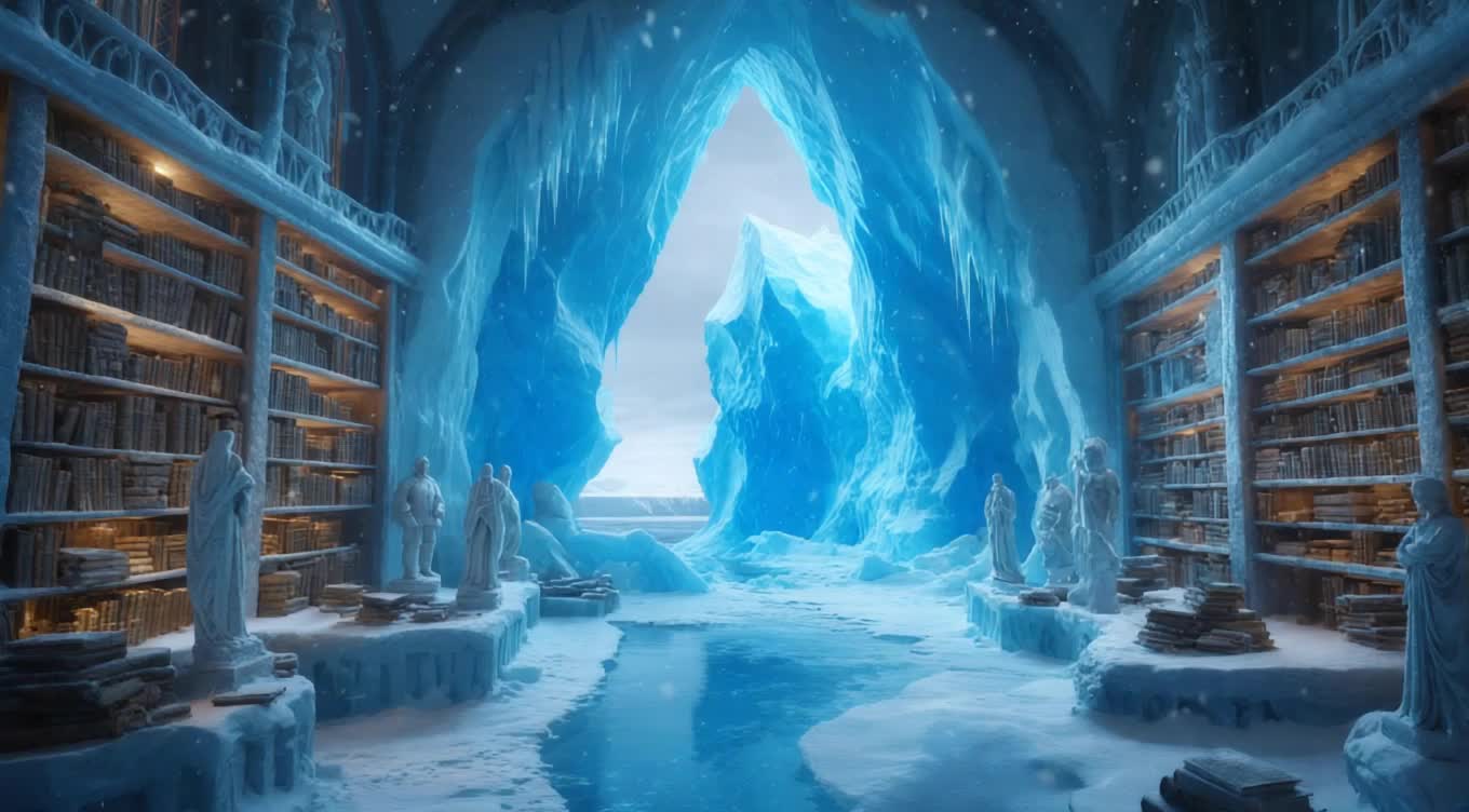 Imagine a massive iceberg hollowed out into a glowing, blue-lit library, where explorers read ancient scrolls surrounded by frozen statues and drifting snowflakes.