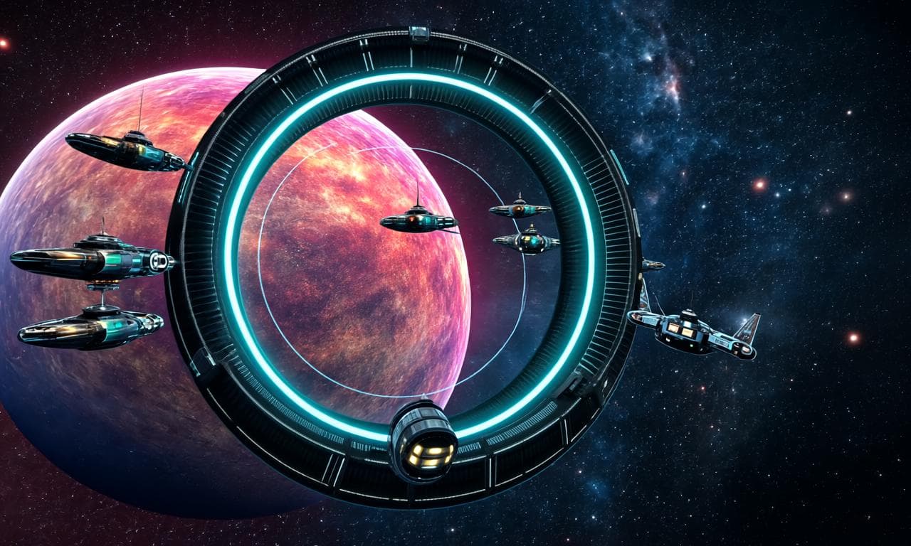Visualize a colossal ring-shaped space station orbiting a vibrant alien planet, with fleets of futuristic spacecraft gliding through shimmering energy portals, neon lights illuminating the structure’s surface, and distant galaxies sparkling in the cosmic background.