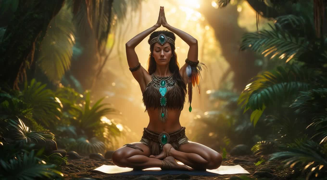 A full-body fantasy style, editorial portrait, full body view, head to toe, of a woman practicing a cow/cat yoga pose in a sun-dappled jungle clearing. She seems to glows softly in the golden hour light filtering through thick foliage. She wears ceremonial jewelry, feathers, and a nature-inspired outfit with gemstone details. Captured from a low diagonal side view, she stretches with focus and grace, exuding strength and calm. The setting is rendered in ultra-detailed, high-gloss fantasy style with vibrant colors, soft cinematic lighting, and richly textured jungle elements — evoking a serene moment of harmony between body and nature. angle is from a dynamic rear angle, she's looking back over her shoulder with intensity. Camera: 35 mm prime, f/2.2, mid‑shallow DoF, low‑angle framing.
Film: digital RAW with Ektachrome teal‑and‑gold color grade, 8% fine grain.
Lighting: direct midday sun 5600K, reflections; crisp specular highlights.
Textures: hyper-realistic, hyper detailed, natural
Vibe: confident, adventurous, sporty glamour.