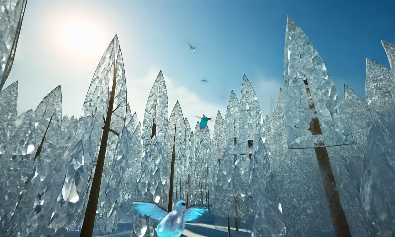 Animate a magical forest where every tree and leaf is made of shimmering crystals, refracting morning sunlight into rainbows as fantastical birds flutter between the branches.