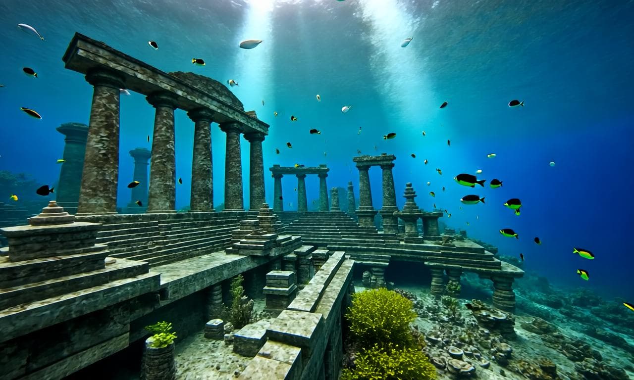 “Create an awe-inspiring scene of an ancient, sunken city deep beneath the ocean, with towering marble columns, glowing bioluminescent plants, schools of colorful fish weaving through crumbling temples, and rays of sunlight piercing the blue water from above.”