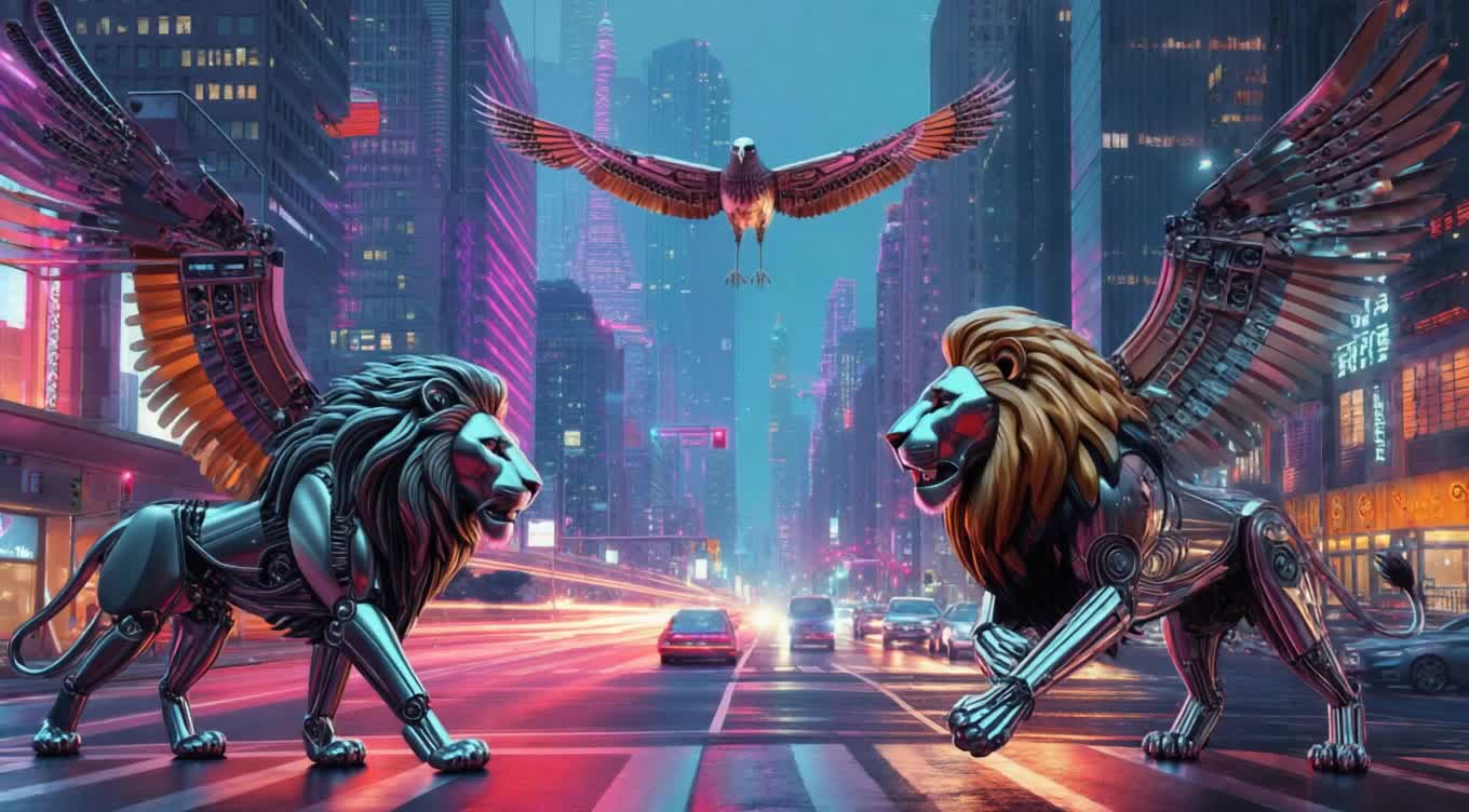 Create a bustling city where animals have evolved as intelligent robots, with metallic lions directing traffic and robotic birds delivering messages between neon-lit skyscrapers.
