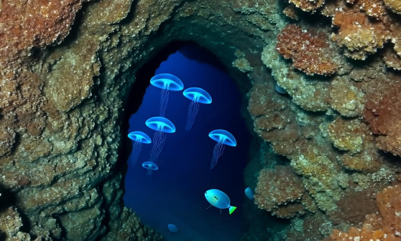 Show a diver discovering a hidden underwater cave, its walls glowing with vibrant bioluminescent corals and jellyfish swirling like living lanterns in the blue darkness.