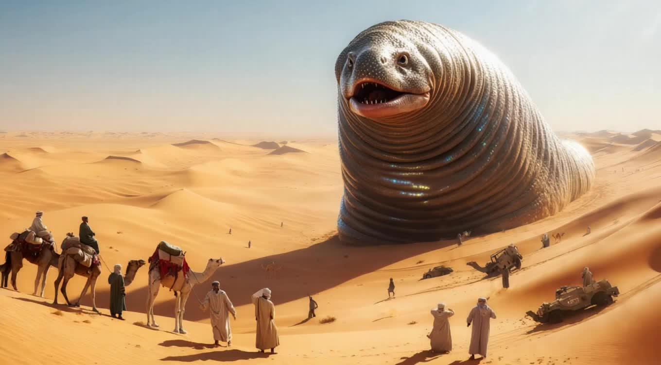 Depict a vast desert landscape as a colossal sandworm bursts from the dunes, its scales glittering in the sun, startling nomads and camels below.