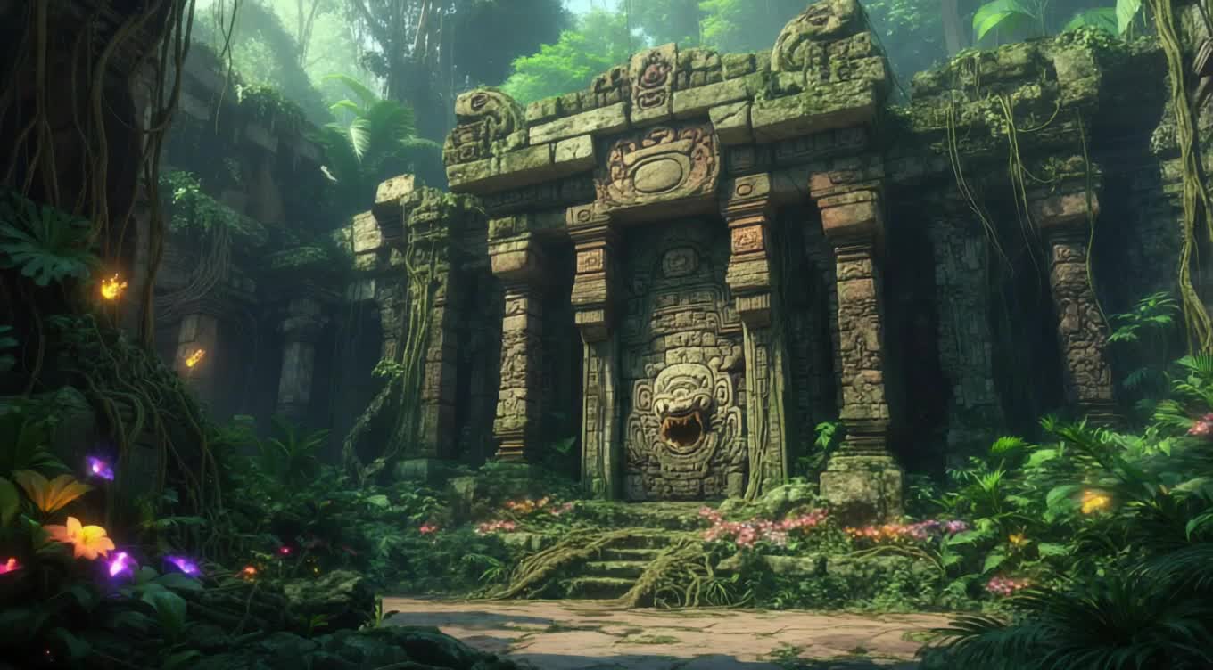 Show a hidden temple in a dense jungle, its stone carvings coming to life as vines bloom with magical flowers and ancient guardians awaken.