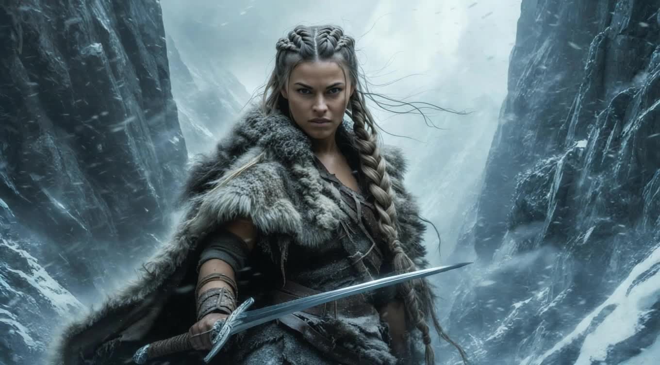 Female warrior battles through the snowstorm in a mountain pass