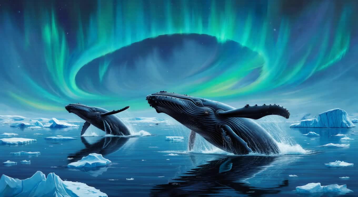 Depict a pod of whales breaching in an arctic sea while their songs create swirling auroras that dance across the polar sky.