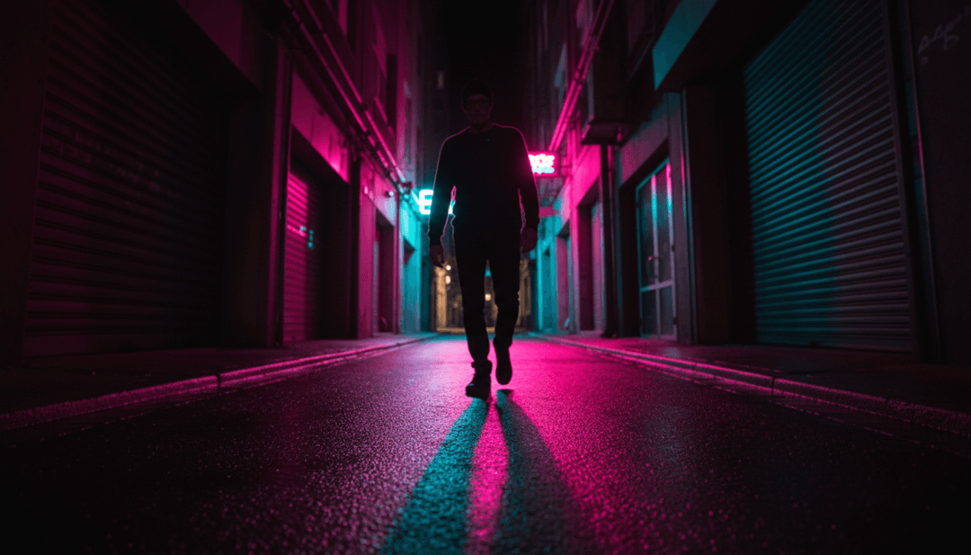 गतिशील संगीत वीडियो दृश्य जिसमें चमकते हुए भविष्य के शहर के दृश्य और नृत्य करते हुए सिल्हूट शामिल हैं, जो 'Untitled Lyrics (3).mp3' की धुन के साथ सिंक्रनाइज़ किए गए हैं।