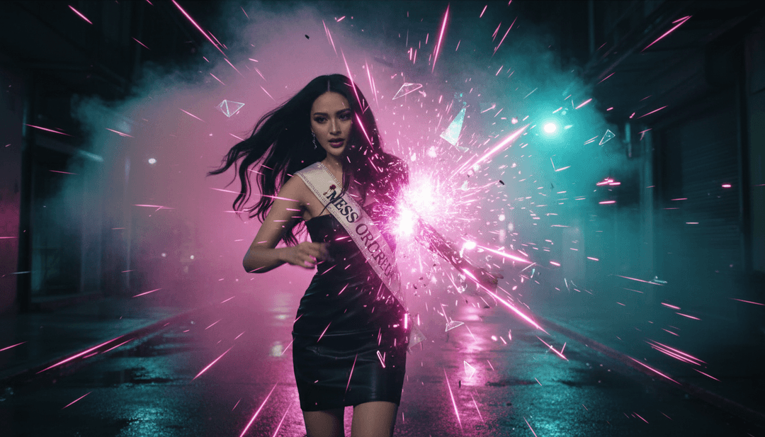 एक एनिमेटेड सिंथ-पॉप म्यूजिक वीडियो सीन जिसमें एक चरित्र रात में नियॉन-प्रकाशित शहर की सड़क पर नाच रहा है, जो 'chorus 2.mp3' से जीवंत ऊर्जा प्रदर्शित कर रहा है।