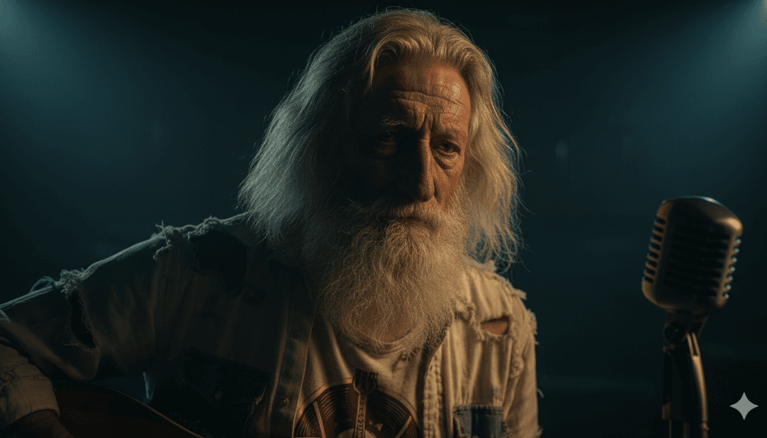 낡은 현관에서 클래식 어쿠스틱 기타를 분석하는 AI가 탁 트인 길, 먼지 쌓인 마을, 고독한 여행자의 모습을 그려내며 1125(5).WAV 트랙의 포크-블루스 본질을 구현합니다.