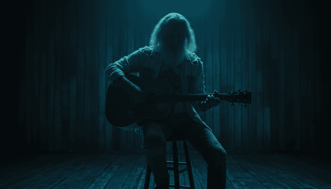 블루스 기타 리프를 연주하는 손이 흔들리는 열파, 깜박이는 캠프파이어, 그리고 곡의 멜랑콜리한 멜로디와 역동적인 변화를 반영하는 추상적인 패턴의 애니메이션 시퀀스를 생성합니다.