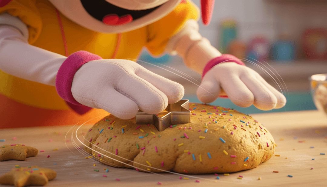 《给圣诞老人的饼干》音乐视频中的动画场景,展示了姜饼饼干跳舞和圣诞老人带着一袋礼物,由freebeat.ai生成。