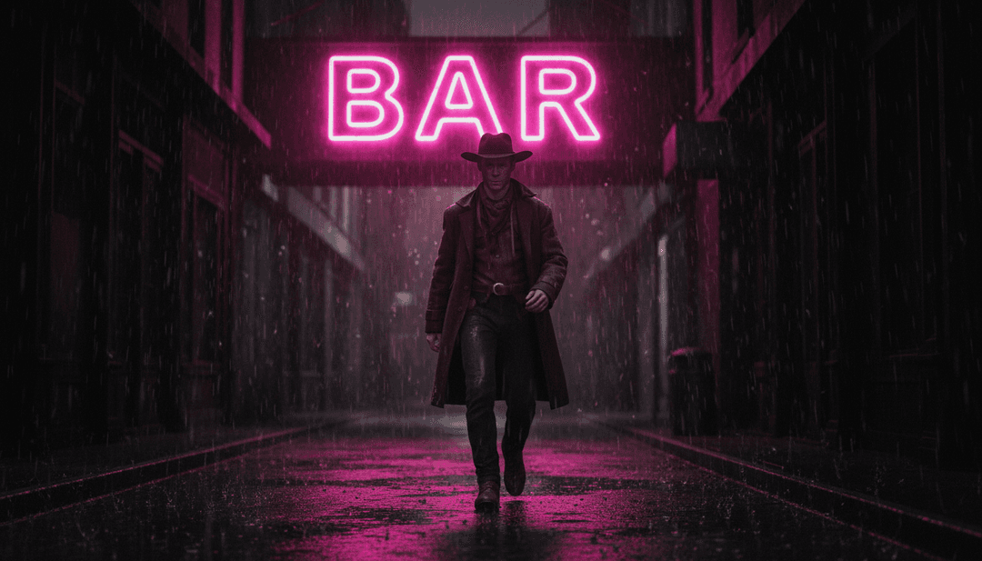 AI 诠释乡村摇滚歌曲,以粗犷的质感可视化日落时的高速公路。