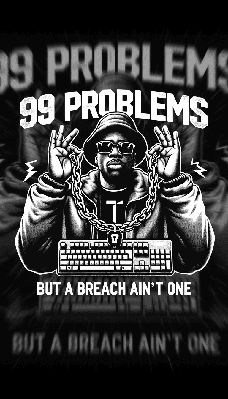 Um videoclipe de alta qualidade, gerado por IA para '99 breaches.mp3' exibindo gráficos em movimento vibrantes e texto, com um botão 'crie o seu' visível.