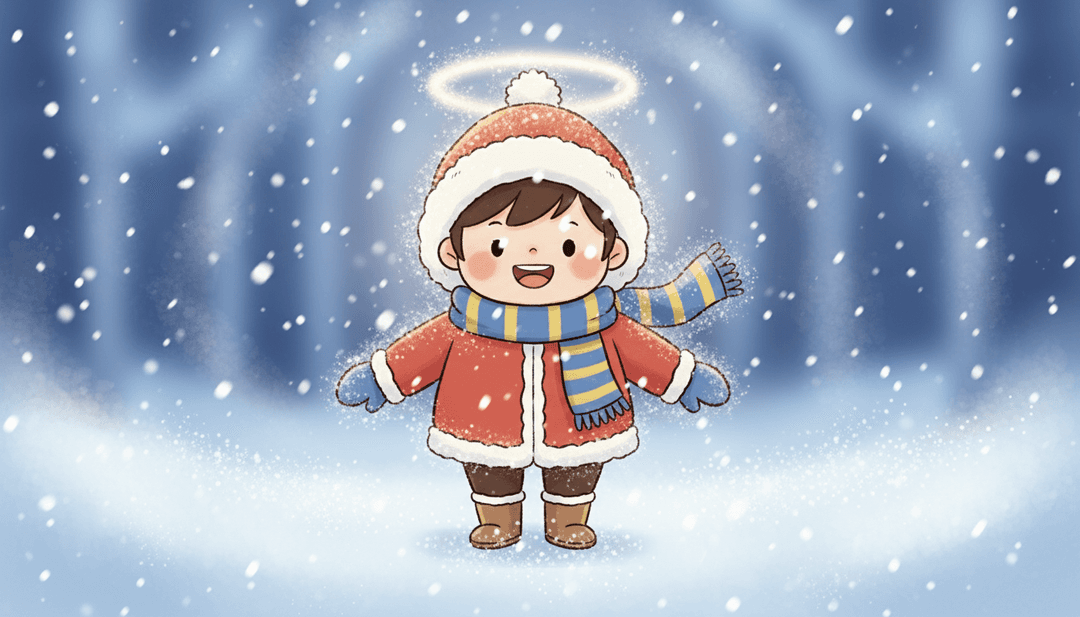 Um quadro de vídeo de música finalizado mostrando um personagem triunfantemente em pé em uma colina de neve, cercado por cenários de inverno animados, com a marca freebeat.ai.