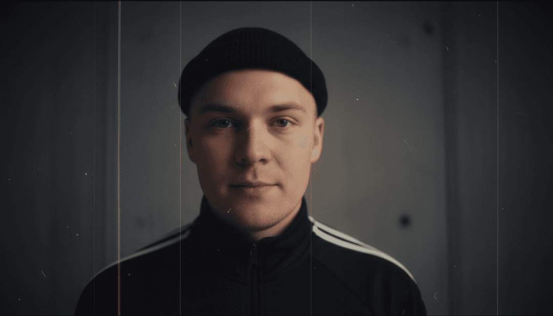 片側に波形、もう片側にダイナミックな都市のストリートアートアニメーションを表示する分割画面。音楽に同期している。