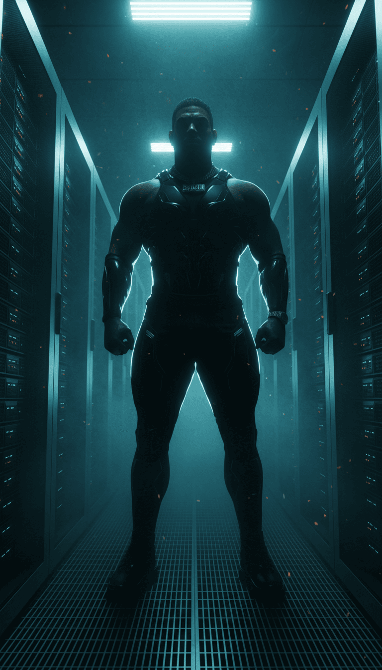 电子声波和陷阱节拍的抽象视觉表现,具有发光的数据流和城市天际线。