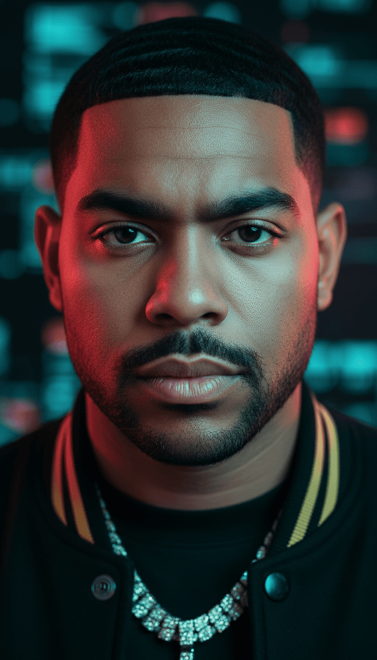 Visualizzatore astratto dinamico che interpreta le onde sonore hip-hop e trap in schemi luminosi pulsanti e forme geometriche.