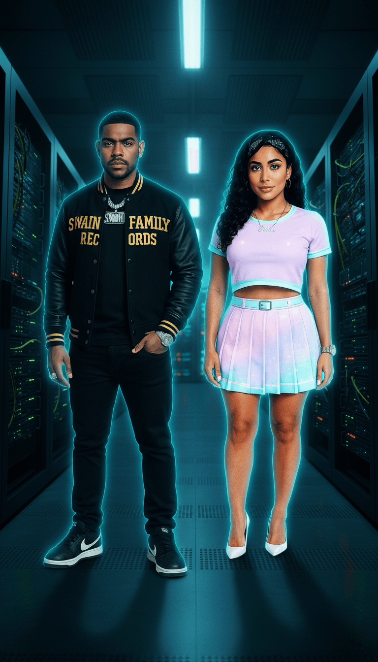 Scene vivaci di strade cittadine che si fondono con elementi neon futuristici, riflettendo l'energetico remix hip-hop/trap.