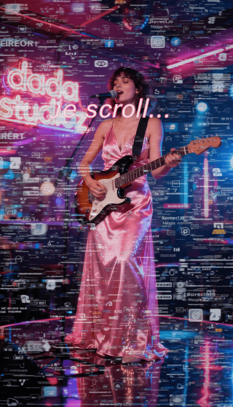 Imágenes dinámicas sincronizadas con música electropop, con botones de 'me gusta' animados y efectos de glitch.