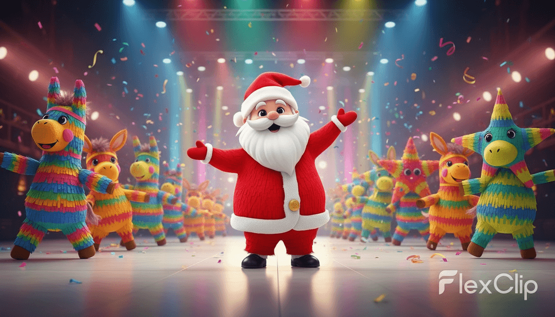 Animierte Szene festlicher Kinder, die Merengue tanzen, umgeben von funkelnden Weihnachtslichtern und verspielten Schneemännern, die das Musikvideo zu 'Loca Navidad Kinder' konzeptualisieren.