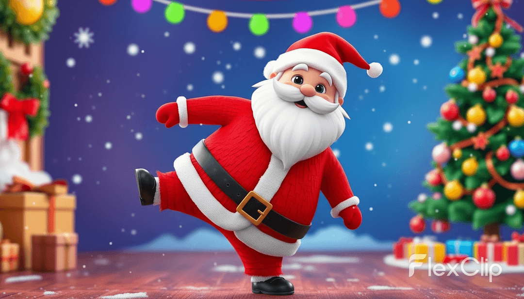 Dynamische Visuals eines Merengue-Trommelschlags, der sich in animierte Schneeflocken und tanzende Lebkuchenmänner verwandelt, illustrieren den kreativen KI-Prozess für 'Loca Navidad Kinder'.