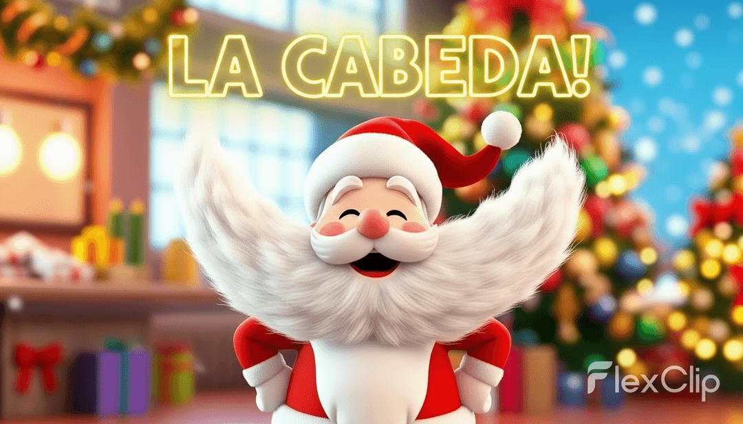 Ein fertiges, lebendiges KI-Musikvideo zu 'Loca Navidad Kinder', das auf einem Bildschirm abgespielt wird, mit lebhafter Animation und synchronisierten Liedtexten, das Benutzer ermutigt, ihre eigenen zu erstellen.