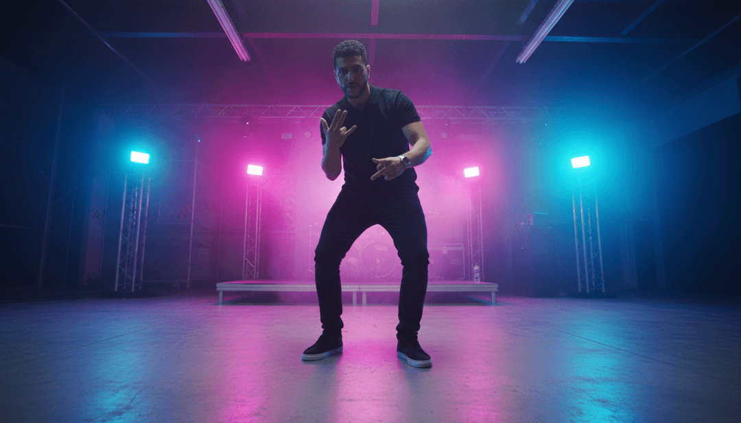 IA analizando ondas de sonido y letras para una pista de hip-hop, mostrando visuales dinámicos y patrones rítmicos.