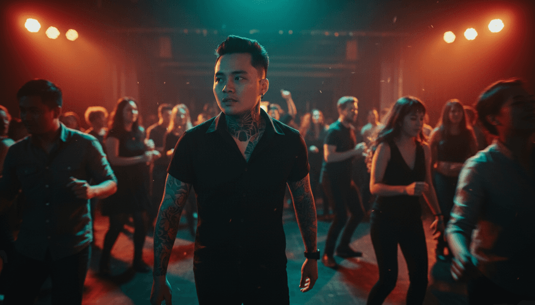 Representación abstracta de ondas sonoras transformándose en luces de discoteca vibrantes, simbolizando la interpretación de la IA de '1.wav' para la generación de videos musicales.