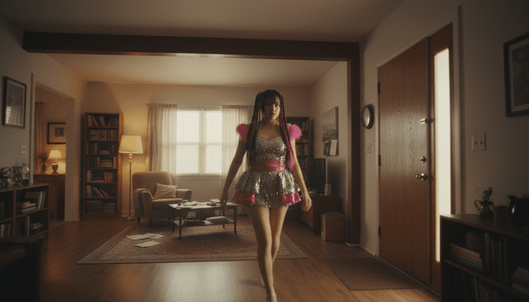 Ein fertiges KI-generiertes Musikvideo für '3.wav', das auf mehreren Bildschirmen abgespielt wird, diverse visuelle Stile zeigt, mit einem Benutzer, der Freebeat.ai glücklich auf einem Tablet verwendet.