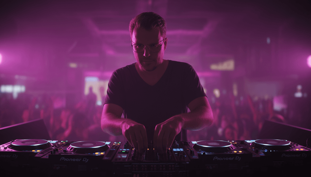 Uma cena vibrante gerada por IA que retrata rastros de luz dinâmicos e figuras em movimento borradas, perfeitamente sincronizados com o ritmo e o tempo de uma faixa de música trance.