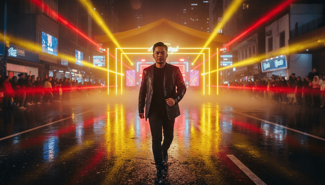 전통 당둣 무용수, 활기찬 인도네시아 풍경, 음악 비트에 맞춰 동기화되는 디지털 시각화의 역동적인 장면.